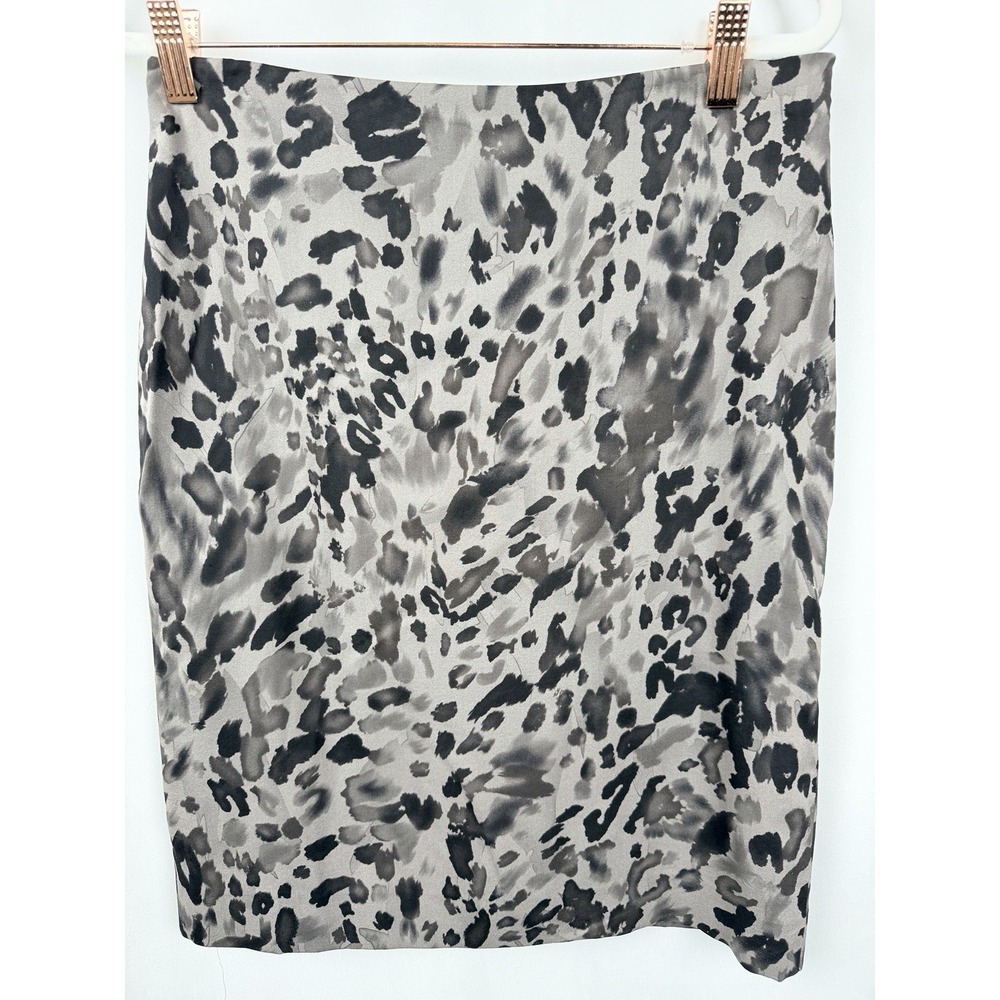 Ann Taylor Silk Pencil Skirt Womens 2 Gray Leopard Print Stretch Lined Career